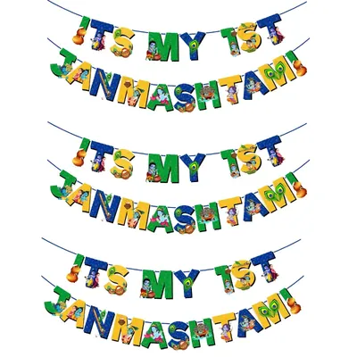 Multicolor ITS MY 1ST JANMASHTAMI Paper Banner With Ribbon, for Janmashtami Celebration (Pack of 3)