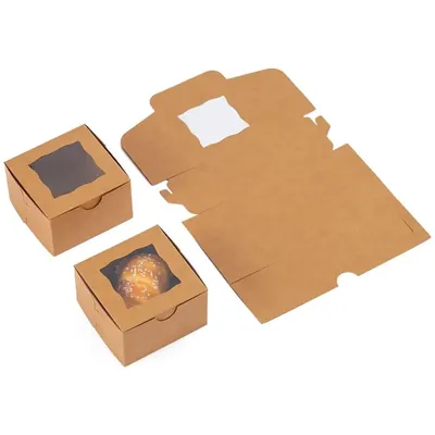 Premium 3 x 3 x 2 Inch 280 GSM Kraft Window Box With Transparent Window for Brownies, Mini Pastries, Muffins, Small Sweets (Pack-100 Pcs)