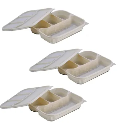 4 Compartment Cornstarch Meal Tray with Leak-Proof Lid, Biodegradable Food Serving Tray for Tiffin Takeaway & Catering (Pack-50 pcs)