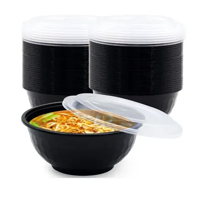 650 ml (16Oz) Stackable Meal Prep Bowl Container, Black Disposable Food Takeout Bowls with Airtight Clear Lids (Pack-50 pcs)