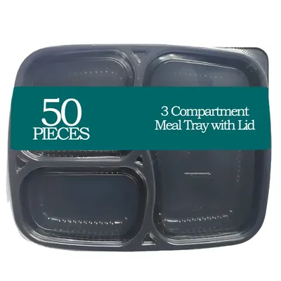3 Compartment 250 Micron Plastic Meal Tray with Lid for Dinner, Lunch, Lunch Box Thali (Pack-50)