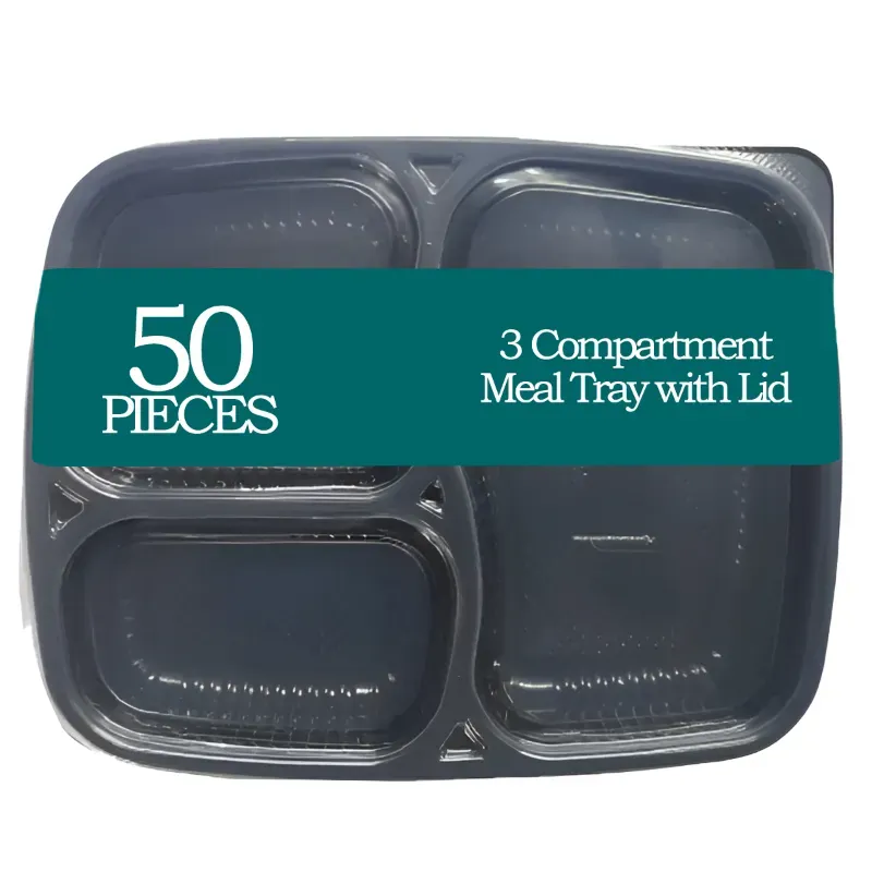 3 Compartment 250 Micron Plastic Meal Tray with Lid for Dinner, Lunch, Lunch Box Thali (Pack-50)