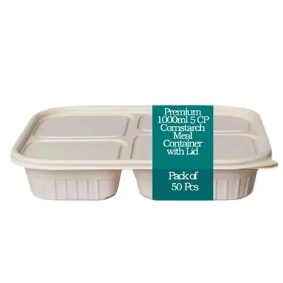 Premium 1000 ml, 5 Compartment Cornstarch Meal Container with Lid (Pack-50 pcs)