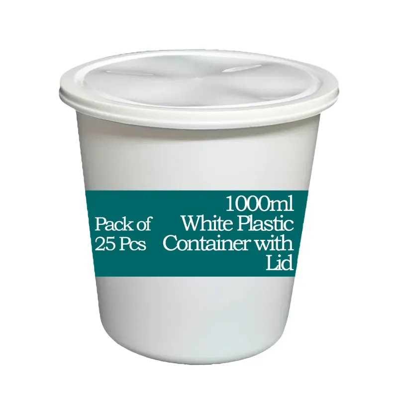 1000 ml Milky White Plastic Container with Lid for Food Delivery, Takeway and Storage (Pack-25 pcs)