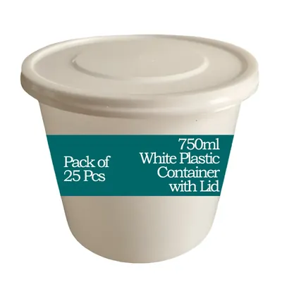 750 ml White Plastic Container with Lid For Food Delivery, Takeway and Storage (Pack-25 pcs)