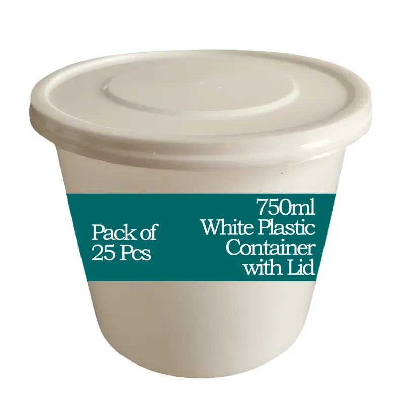 750 ml White Plastic Container with Lid For Food Delivery, Takeway and Storage (Pack-25 pcs)