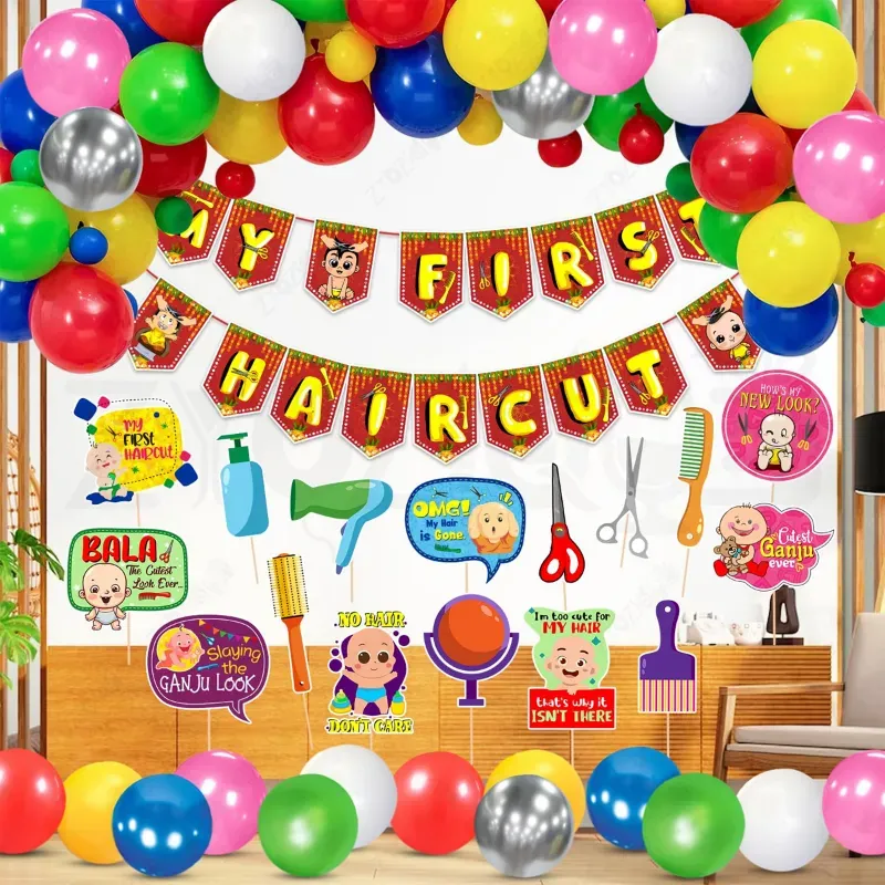 (Pack of 3), Multicolour Mundan Sanskar 42 Pcs Party Decor Kit Pre-Assembled Props Metallic Balloons Banner