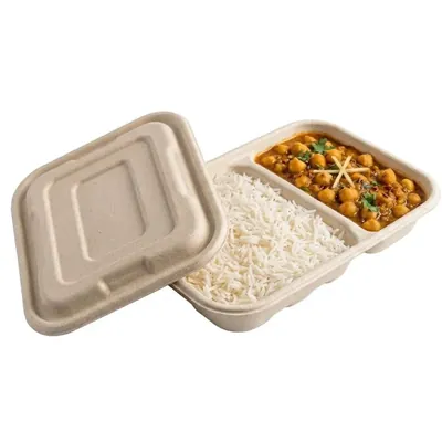 750 ml, 2 Compartment Bagasse Anti-leak Rectangular Container With Lid for Food Delivery, Take Away Meals (Pack-25 Pcs)