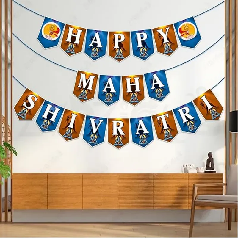 Maha Shivratri Paper Banner, Blue and Orange Bunting For Puja Decoration (Pack of 5)