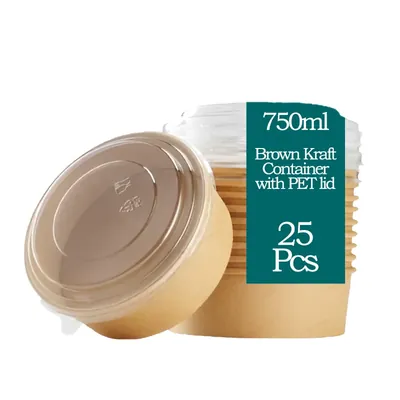 750 ml, Brown Kraft Paper Tubs with Transparent PET Lid (Pack-25 pcs)