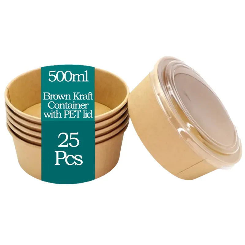 500 ml, Brown Kraft Paper Tubs with Transparent PET Lid (Pack-25 pcs)