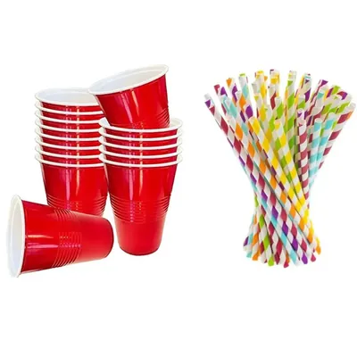 POCHEON Combo of 50 pcs 450 ml Drinking Party Cups and 8 Inch Paper Straws