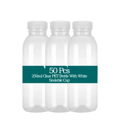 50 pcs, 250 ml Clear PET Bottle With White Sealable Cap for Smoothie, Milk, Juice Packaging