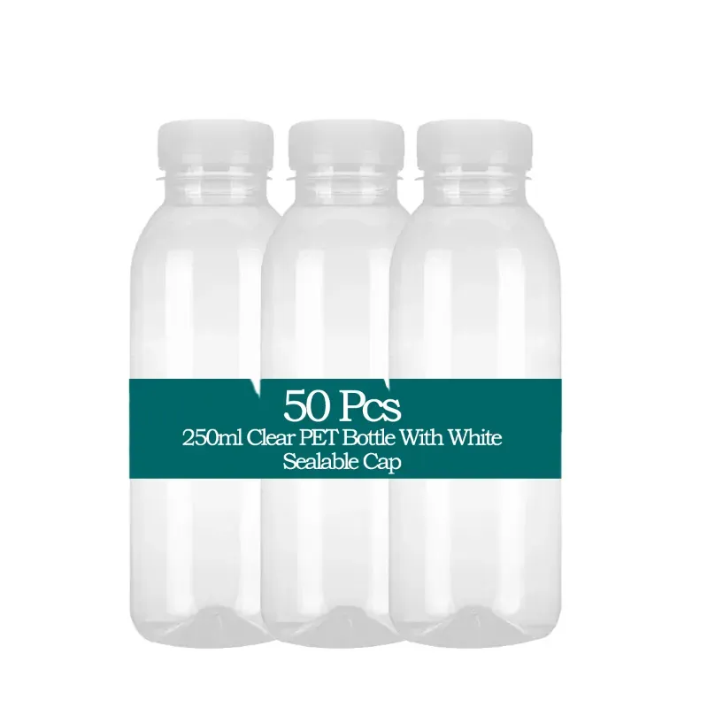 50 pcs, 250 ml Clear PET Bottle With White Sealable Cap for Smoothie, Milk, Juice Packaging