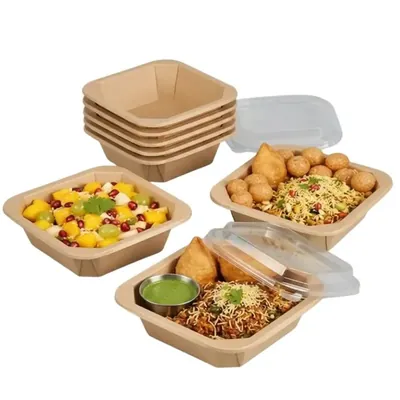 500 ml Disposable Square Kraft Paper Food Container with Lid, 140 x 140 x 35 mm Fast Food Container for Picnic, Food Truck (Pack-500 pcs)