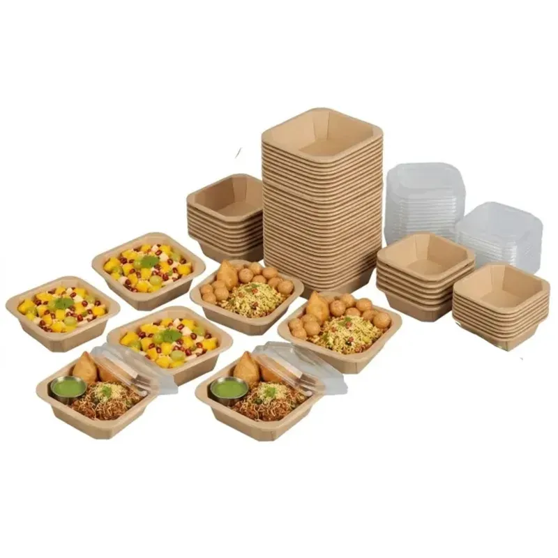 1000 ml Disposable Square Kraft Paper Food Container with Lid, 180 x 180 x 50 mm Fast Food Container for Picnic, Food Truck (Pack-500 pcs)
