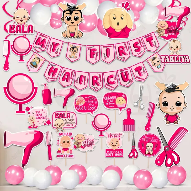 54 Pcs Pink Themed Baby's First Hair Cut Mundan Ceremony Decoration Kit (Pack of 3)