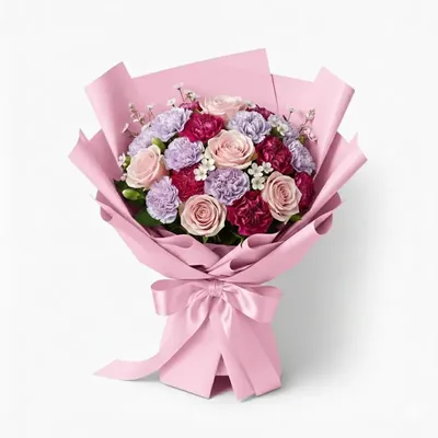 Pack of 2 (40 Sheets) Pink Solid Korean Gift Wrap, Waterproof Checked Bouquet Paper + 3 Pull Bows