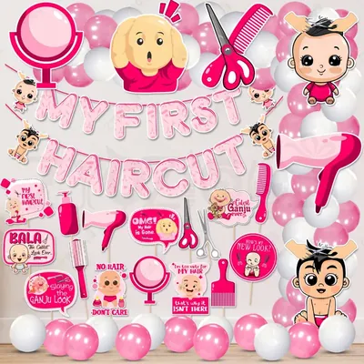 48 Pcs Pink Mundan Decoration Kit Paper Banner Balloons Cutouts Photo Props (Pack Of 3)