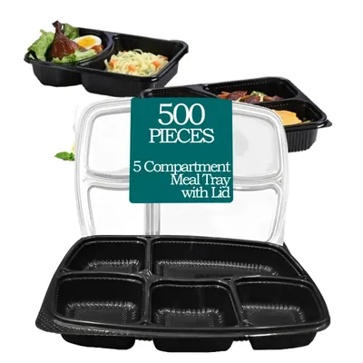 5 Compartment 250 Micron PP Meal Tray With Black Bottom and Clear Lid (Pack-500)