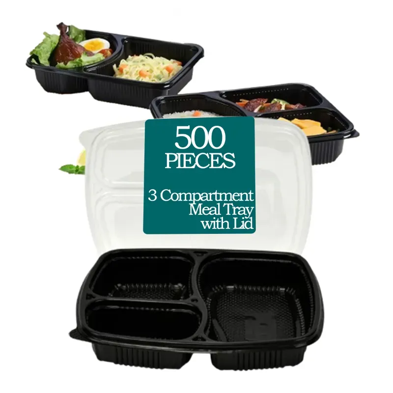 3 Compartment 250 Micron PP Meal Tray With Black Bottom and Clear Lid (Pack-500)