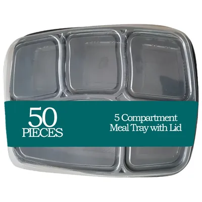 5 Compartment 250 Micron Plastic Meal Tray with Lid for Indoor and Outdoor Events (Pack-50 Pcs)
