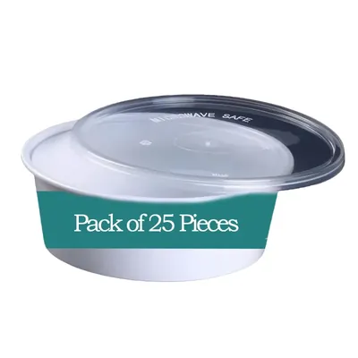 300 ml Reusable White Plastic Containers With Lid for Food Packaging and Delivery (Pack-25 pcs)