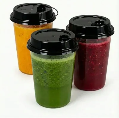 350 ml x 500pcs Clear PP Round Glass with Black Lids, Juice & Beverage Glasses for Iced Coffee, Soda, Smoothies