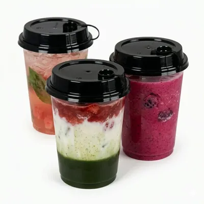 250 ml x 500pcs Clear PP Round Glass with Black Lids, Juice & Beverage Glasses for Iced Coffee, Soda, Smoothies
