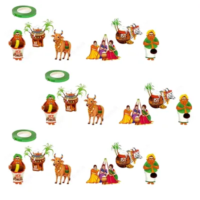 7 Pcs Pongal Festival Decorations Item, 1st Pongal Festival ith Pots, Bulls, Farmers and Sugarcane Design (Pack of 3)
