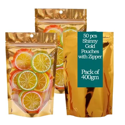 POCHEON ® 50 Pcs Shinny Gold Large Pouches with Zipper for Cereals, Pulses, Dry fruits, Coffee-beans (Capacity-400 g)
