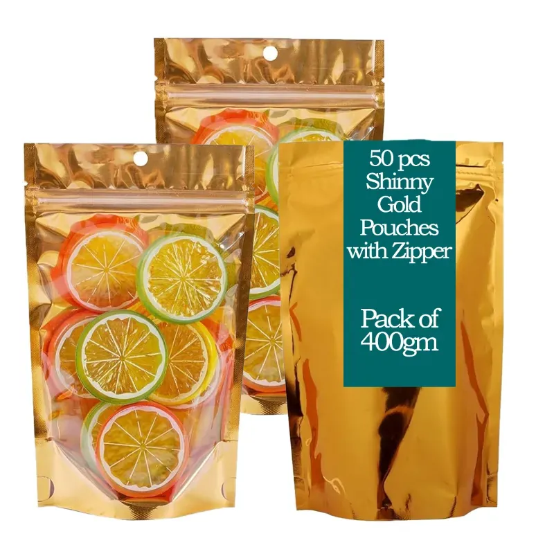 POCHEON ® 50 Pcs Shinny Gold Large Pouches with Zipper for Cereals, Pulses, Dry fruits, Coffee-beans (Capacity-400 g)