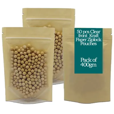 POCHEON ® 50 pcs Clear front Brown Kraft Paper Pouches with Zipper (Capacity-400 g)