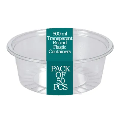 500 ml Transparent Plastic Round Containers for Fast Food Serving, Delivery (Pack-50 Pcs)