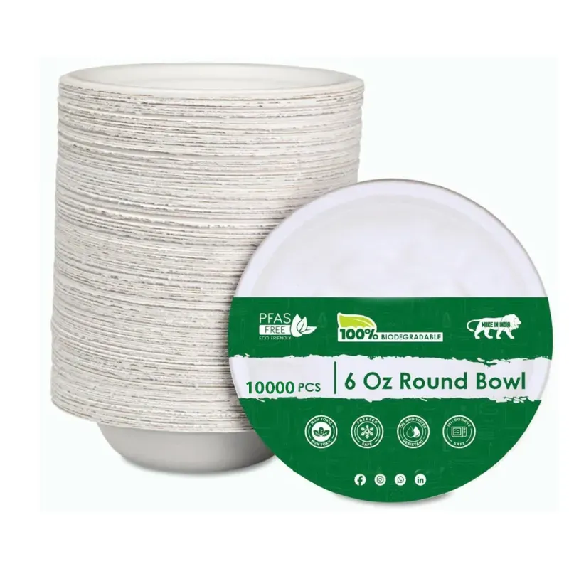 10000 Pcs, 6 Oz (180 ml) Premium Bagasse Round Bowl For Food Packaging and Takeaway