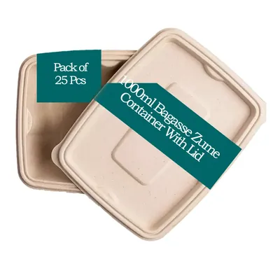1000 ml Bagasse Rectangular Zume Container With Lid, 100% Anti-Leak Technology for Food Delivery, Take Away Meals (Pack-25 pcs)
