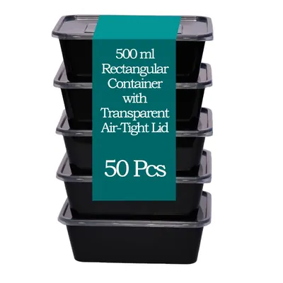 50 pcs, 500 ml Rectangular Microwave Safe Black Container with Transparent Lid