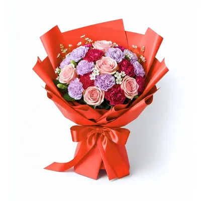 Pack of 2 (40 Sheets) Red Solid Korean Gift Wrap, Waterproof Checked Bouquet Paper + 3 Pull Bows