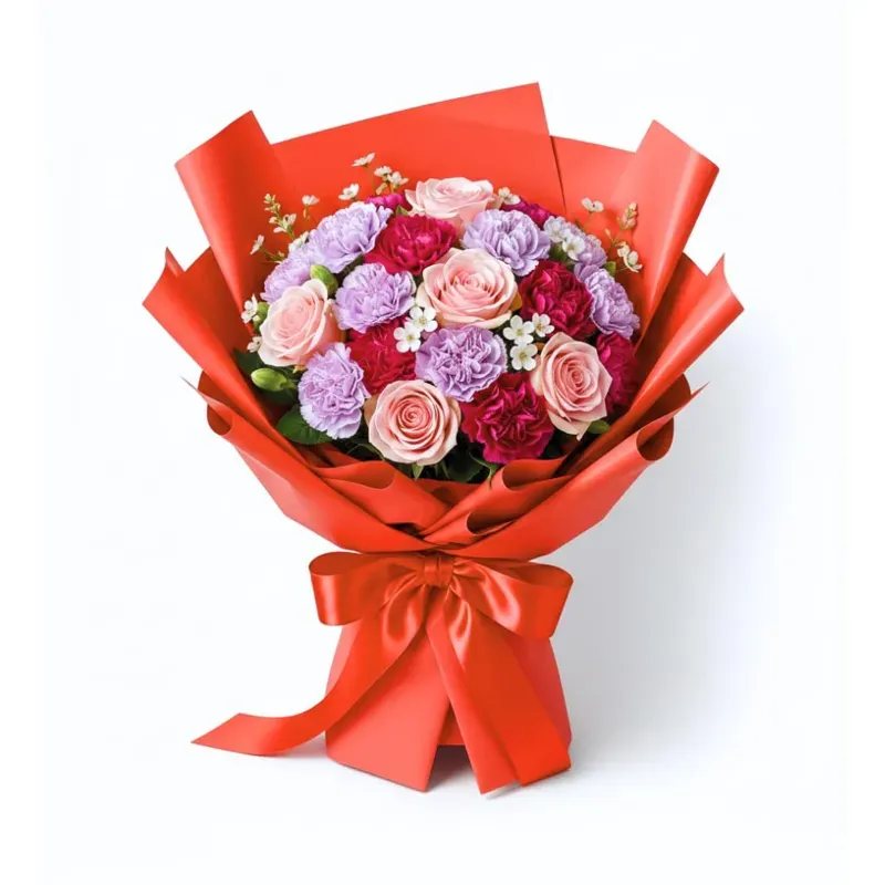Pack of 2 (40 Sheets) Red Solid Korean Gift Wrap, Waterproof Checked Bouquet Paper + 3 Pull Bows