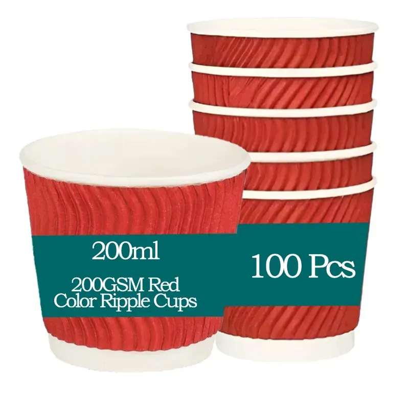100 Pcs, 200 ml 200 GSM Red Color Paper Ripple Cup for Both Indoor and Outdoor Events