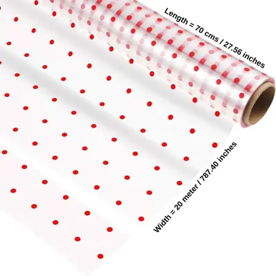 Pack of 2 Red Polka Dot Cellophane Roll 20 m x 70 cm Waterproof Gift Wrap + 3 Bows