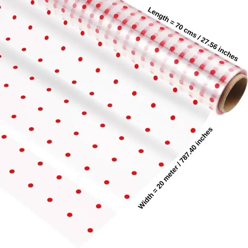 Pack of 2 Red Polka Dot Cellophane Roll 20 m x 70 cm Waterproof Gift Wrap + 3 Bows