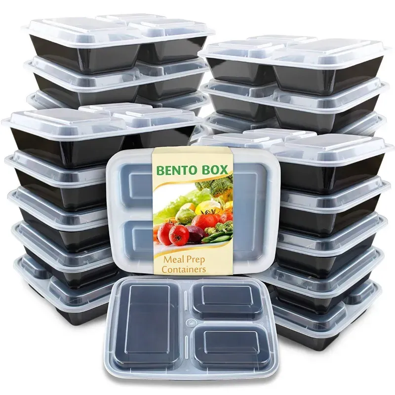3 Compartment Reusable BPA Free Plastic Bento Box With Transparent Lid For Lunch, Dinner, Brunch, Pre Workout Meals (Pack-50 Pcs)