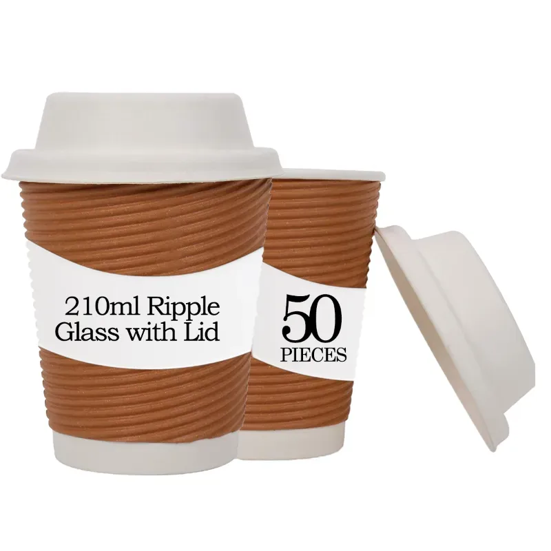 210 ml (7oz) Eco-Friendly Brown Ripple Wall Paper Coffee Cups with Lids for Cafes, Restaurants, Offices and Caterings (Pack-50)