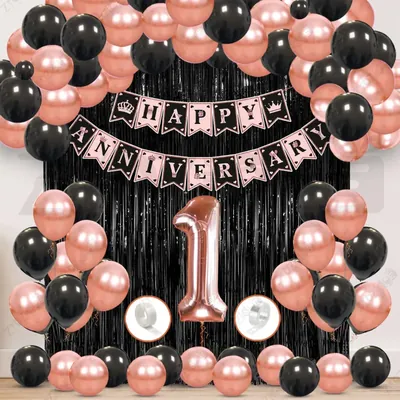 1st Anniversary Decoration Kit, Rose Gold & Black Balloon Set with Fringe Curtain & Foil Banner, 56 Pcs (3 Packs)