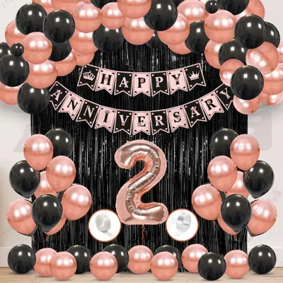 2nd Anniversary Decoration Kit, Rose Gold & Black Balloon Set with Fringe Curtain & Foil Banner, 56 Pcs (3 Packs)