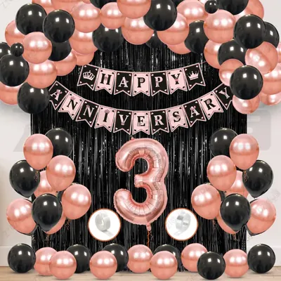 3rd Anniversary Decoration Kit, Rose Gold & Black Balloon Set with Fringe Curtain & Foil Banner, 56 Pcs (3 Packs)