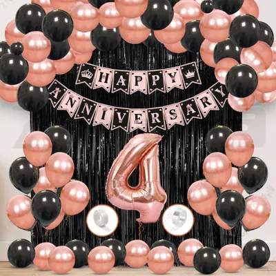 4th Anniversary Decoration Kit, Rose Gold & Black Balloon Set with Fringe Curtain & Foil Banner, 56 Pcs (3 Packs)