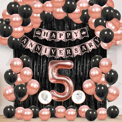 5th Anniversary Decoration Kit, Rose Gold & Black Balloon Set with Fringe Curtain & Foil Banner, 56 Pcs (3 Packs)