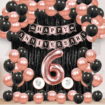 6th Anniversary Decoration Kit, Rose Gold & Black Balloon Set with Fringe Curtain & Foil Banner, 56 Pcs (3 Packs)